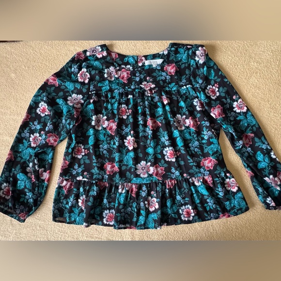 LOFT Black Blouse with Teal and Red Floral Design - Picture 1 of 3